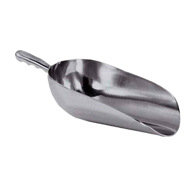 Heavy-duty cast aluminum scoop with contoured handle and polished mirror finish, designed for easy grain handling, featured in Farm, Garden & Tool, Farm Tools, Best Sellers, and Promo Eligible collections.
