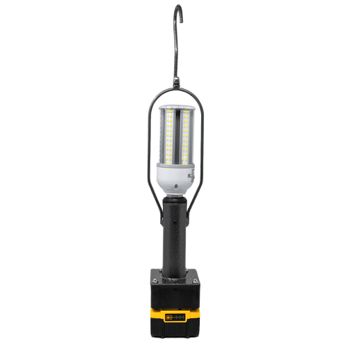 Rugged handheld LED lantern with metal frame and hanging hook, powered by compatible Milwaukee or DeWalt battery, ideal for camping, emergency, and outdoor lighting in Lamps & Lighting collections.