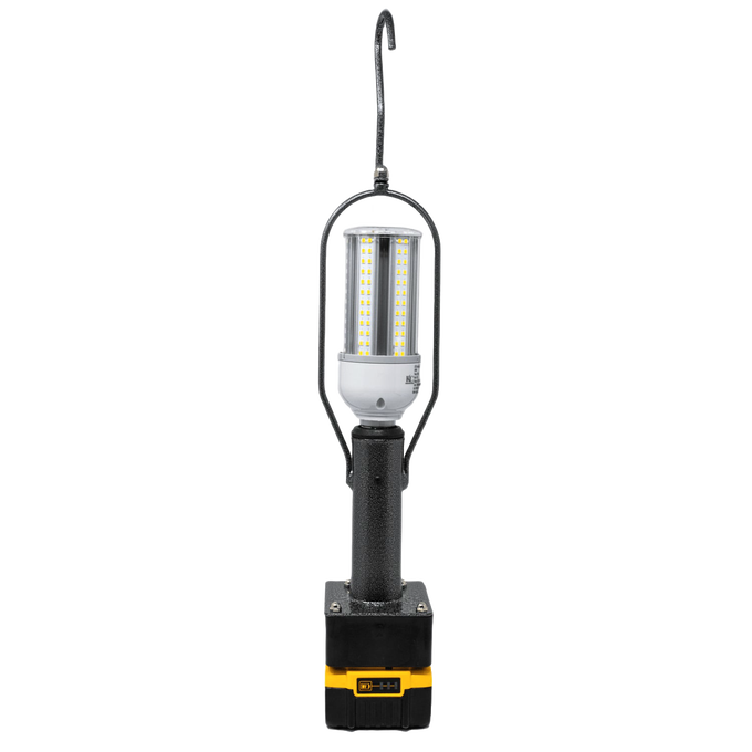 Rugged handheld LED lantern with metal frame and hanging hook, powered by compatible Milwaukee or DeWalt battery, ideal for camping, emergency, and outdoor lighting in Lamps & Lighting collections.