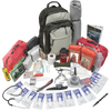 Olive and gray tactical bug-out bag surrounded by organized emergency supplies including first aid kits, water bottles, rope, emergency blankets, and survival tools, featured in Farm, Garden & Tool and Emergency Supplies collections.