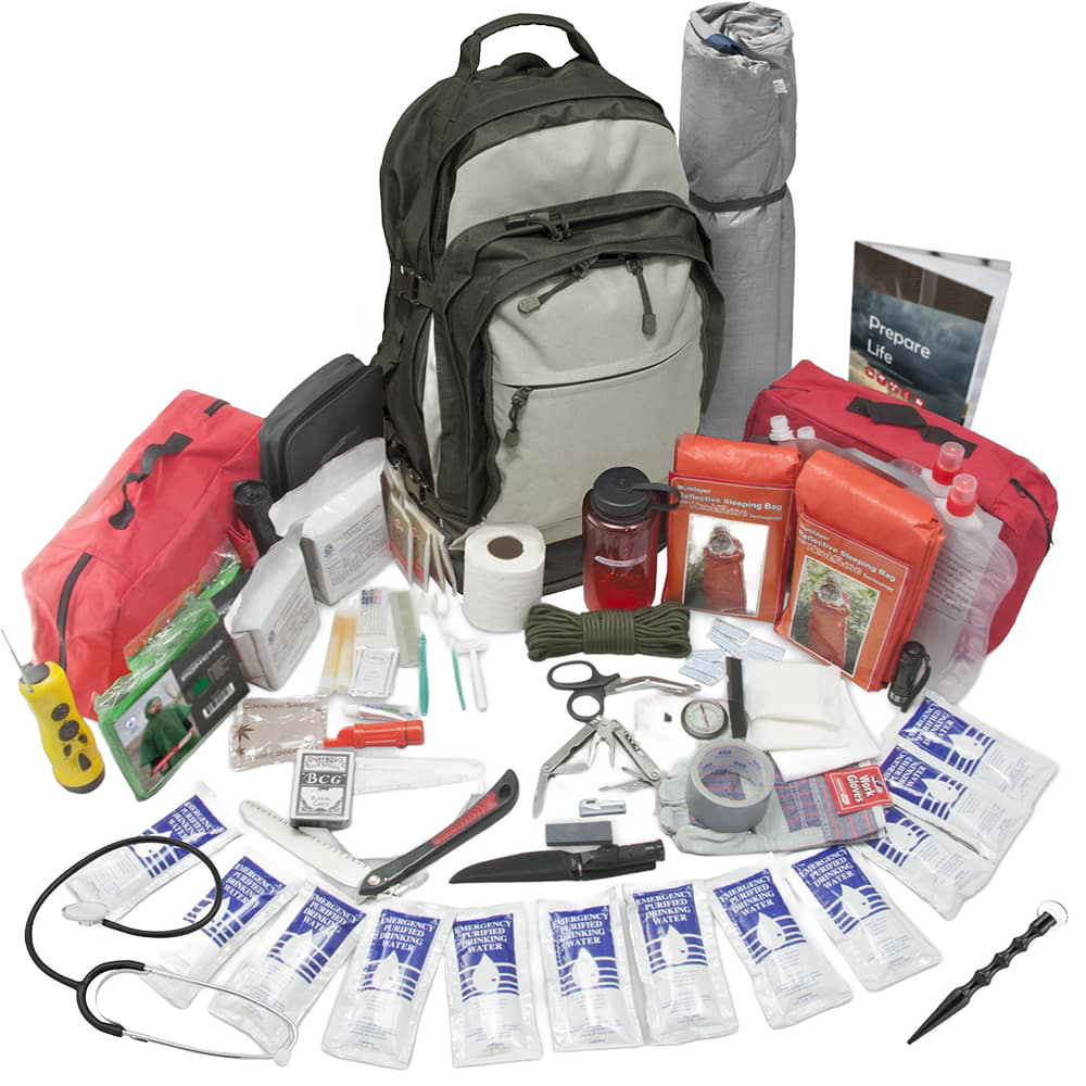 Olive and gray tactical bug-out bag surrounded by organized emergency supplies including first aid kits, water bottles, rope, emergency blankets, and survival tools, featured in Farm, Garden & Tool and Emergency Supplies collections.