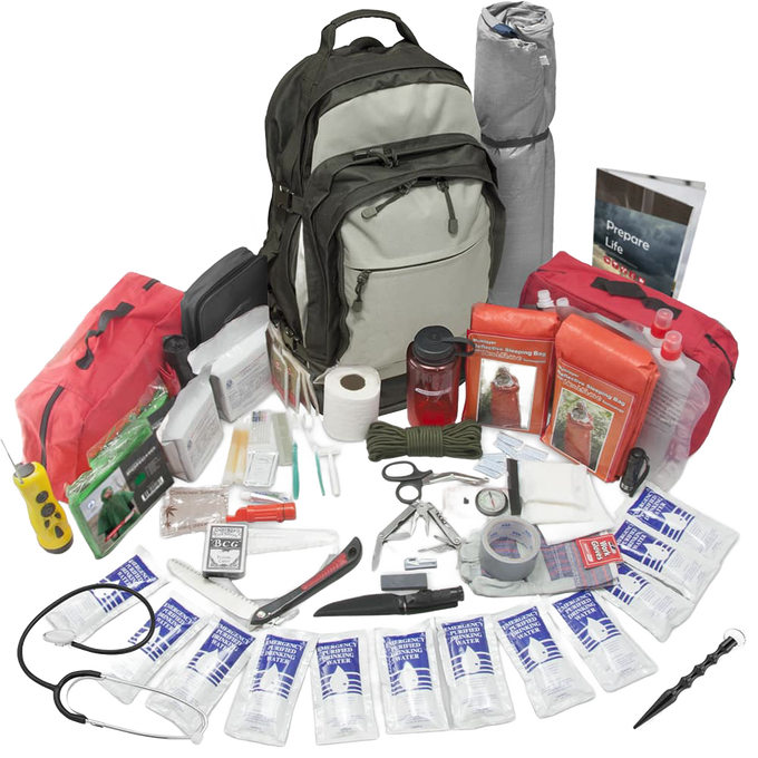 Olive and gray tactical bug-out bag surrounded by organized emergency supplies including first aid kits, water bottles, rope, emergency blankets, and survival tools, featured in Farm, Garden & Tool and Emergency Supplies collections.