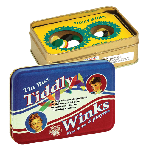 Metal tin box with a handcrafted Tiddly Winks game inside, featuring colorful winks and shooter pieces, complete with a historical handbook, made in USA, in Toys, Books & Games and Best Sellers collections.