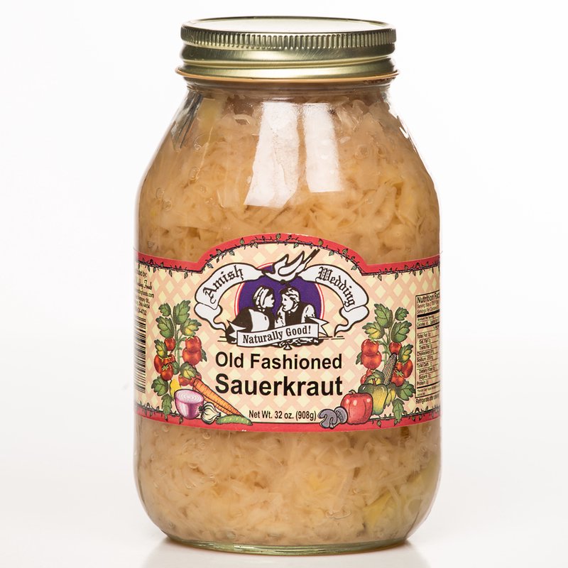 Glass jar of handcrafted old fashioned sauerkraut with colorful label featuring vegetables, suitable for Kitchen & Food, Food, Pantry, USA Made, and Best Sellers collections