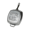 Square cast iron grill pan with a raised jumping trout design, featuring a long handle and helper grip, handcrafted and made in USA, ideal for Kitchen & Food, Cast Iron, Grilling, and Best Sellers collections.