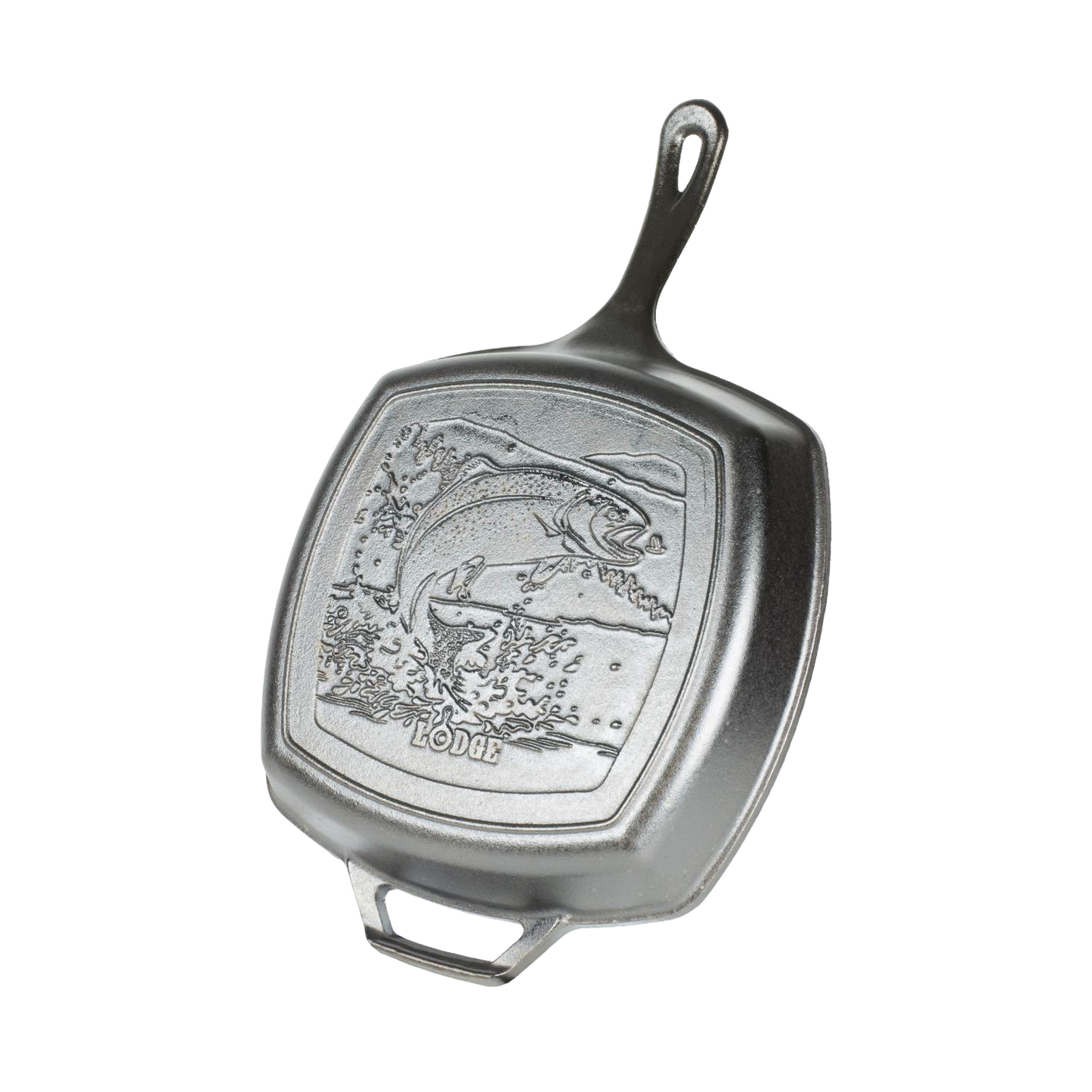 Square cast iron grill pan with a raised jumping trout design, featuring a long handle and helper grip, handcrafted and made in USA, ideal for Kitchen & Food, Cast Iron, Grilling, and Best Sellers collections.