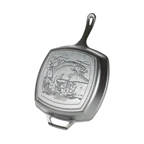 Square cast iron grill pan with a raised jumping trout design, featuring a long handle and helper grip, handcrafted and made in USA, ideal for Kitchen & Food, Cast Iron, Grilling, and Best Sellers collections.