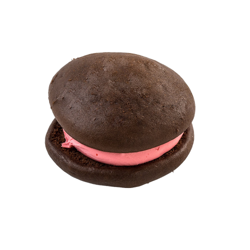 Soft chocolate cake-like whoopie pie filled with smooth strawberry cream, handcrafted in Amish Country, featured in USA Made, Kitchen & Food, and Snacks and Sweets collections.