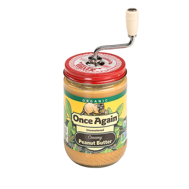 Old fashioned peanut butter stirrer with molded cream-colored knob and metal crank attached to red lid on jar of natural peanut butter, handcrafted in USA, ideal for Kitchen & Food, Food Prep, Kitchen Gadgets, Kitchen Accessories, USA Made, Best Sellers, and Promo Eligible collections.