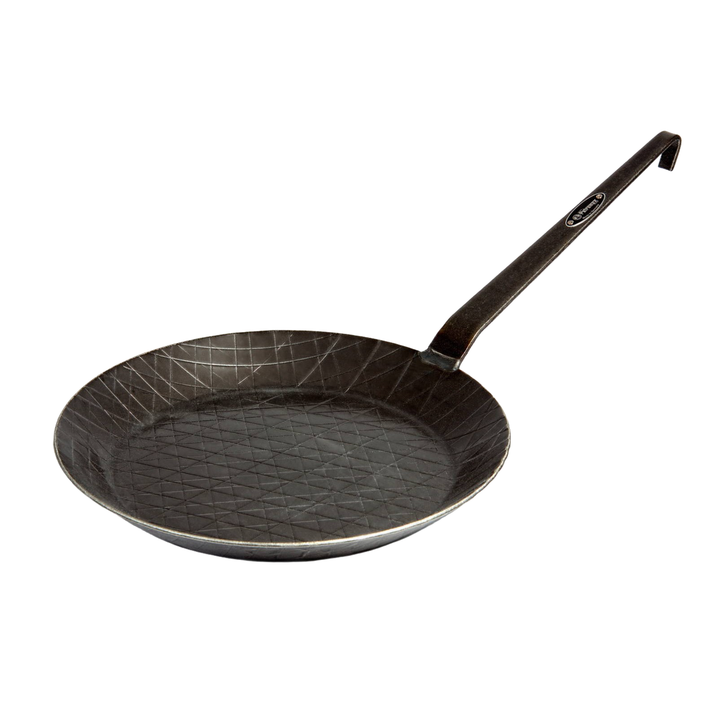 Unique handcrafted wrought iron pan with a textured cooking surface and long handle, ideal for durable use in Farm, Garden & Tool, Kitchen & Food, Camping, Cookware, and Best Sellers collections.