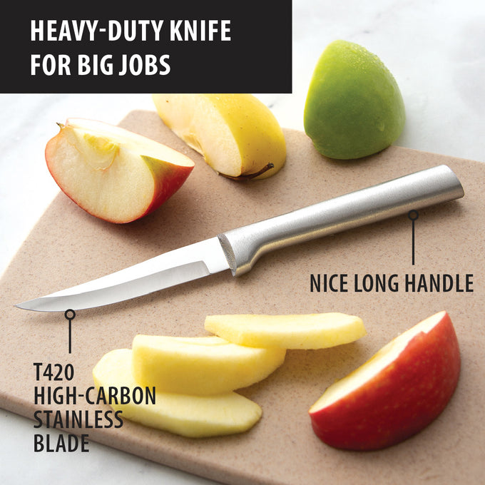 Heavy-duty kitchen knife with a T420 high-carbon stainless blade and long satin-finished cast aluminum handle, ideal for Farm, Garden & Tool and Kitchen & Food collections.