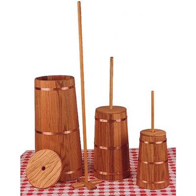 Set of handcrafted tapered oak dashers with rustproof copper hoops, made in USA, displayed on a red and white checkered cloth, ideal for Home & Decor and USA Made collections.