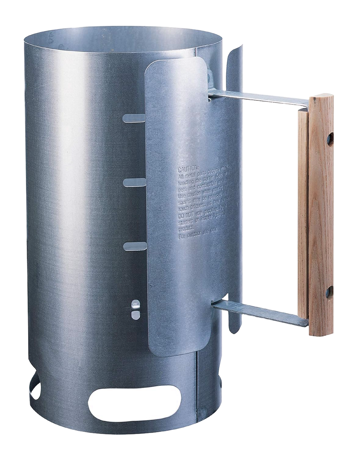Aluminized steel charcoal starter with wooden handle and ventilation slots, designed for quick ignition of briquets, ideal for Farm, Garden & Tool, Camping, and Best Sellers collections.