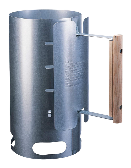 Aluminized steel charcoal starter with wooden handle and ventilation slots, designed for quick ignition of briquets, ideal for Farm, Garden & Tool, Camping, and Best Sellers collections.