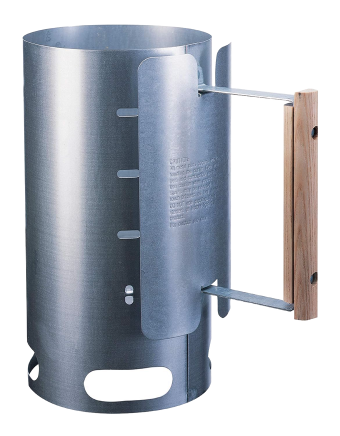 Aluminized steel charcoal starter with wooden handle and ventilation slots, designed for quick ignition of briquets, ideal for Farm, Garden & Tool, Camping, and Best Sellers collections.