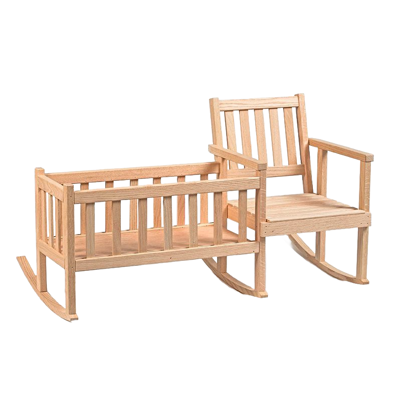 Handcrafted Amish-made doll rocker and cradle crafted from smooth unfinished oak, combining classic design and quality for children's imaginative play, featured in Toys, Books & Games and USA Made collections.