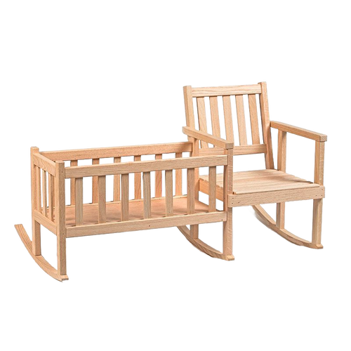 Handcrafted Amish-made doll rocker and cradle crafted from smooth unfinished oak, combining classic design and quality for children's imaginative play, featured in Toys, Books & Games and USA Made collections.