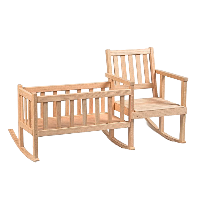 Handcrafted Amish-made doll rocker and cradle crafted from smooth unfinished oak, combining classic design and quality for children's imaginative play, featured in Toys, Books & Games and USA Made collections.
