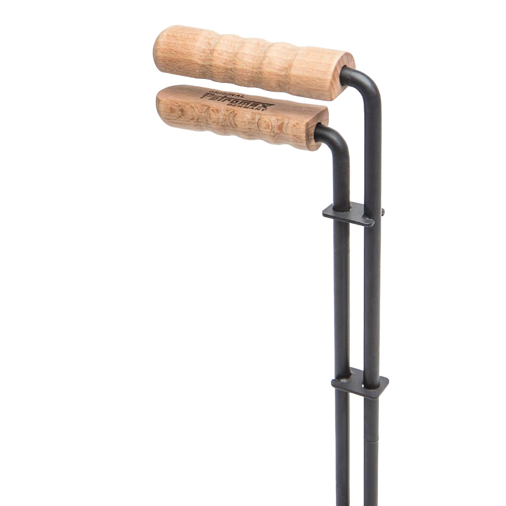 Steel lid lifter featuring dual ergonomic wooden handles and sturdy steel construction, designed for safe lifting of hot Dutch oven lids, suited for Farm, Garden & Tool, Camping, and Best Sellers collections.