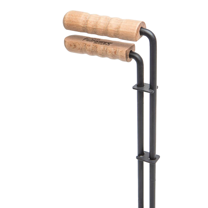 Steel lid lifter featuring dual ergonomic wooden handles and sturdy steel construction, designed for safe lifting of hot Dutch oven lids, suited for Farm, Garden & Tool, Camping, and Best Sellers collections.