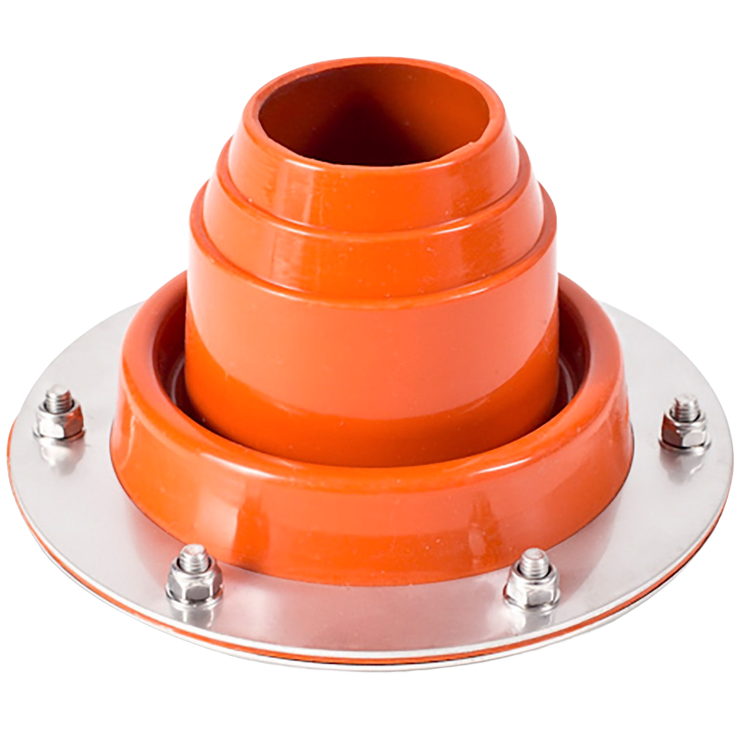 Orange and silver tent kit pipe adapter with a round metal base and four bolts, designed for secure tent installation, featured in Farm, Garden & Tool, Camping, and Best Sellers collections.