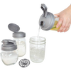 Clear glass mason jars fitted with gray reusable lids in a zero waste starter set, showing one jar pouring liquid, ideal for Home & Decor, Household Helpers, and Best Sellers collections.
