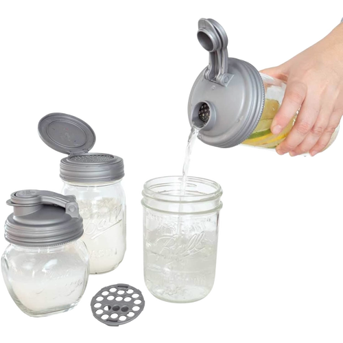 Clear glass mason jars fitted with gray reusable lids in a zero waste starter set, showing one jar pouring liquid, ideal for Home & Decor, Household Helpers, and Best Sellers collections.