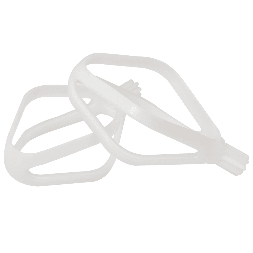 Pair of lightweight white cake paddle attachments with minimal tines for stand mixers, handcrafted in the USA, ideal for baking supplies and kitchen gadgets collections.