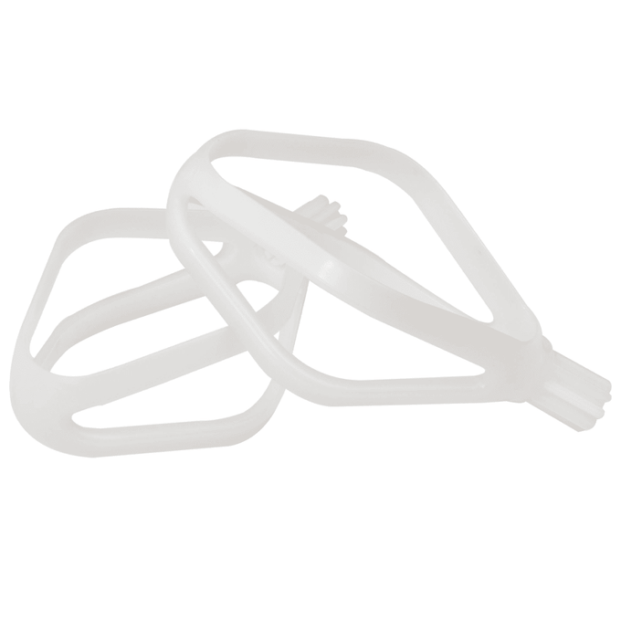Pair of lightweight white cake paddle attachments with minimal tines for stand mixers, handcrafted in the USA, ideal for baking supplies and kitchen gadgets collections.