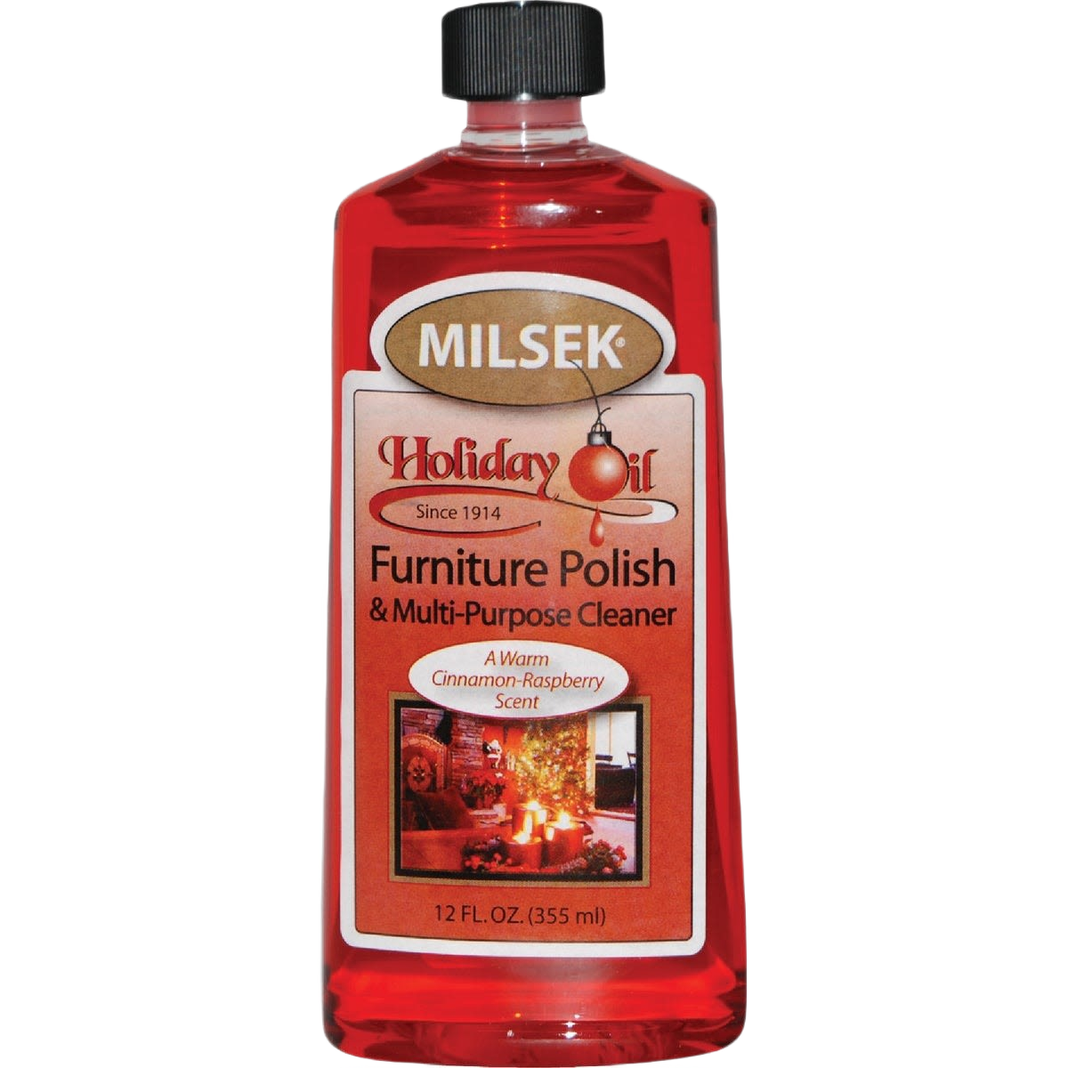 Clear plastic bottle of red liquid wood furniture polish and multi-purpose cleaner with black cap and warm cinnamon-raspberry scent, suitable for Home & Decor, Household Cleaning, and USA Made collections.