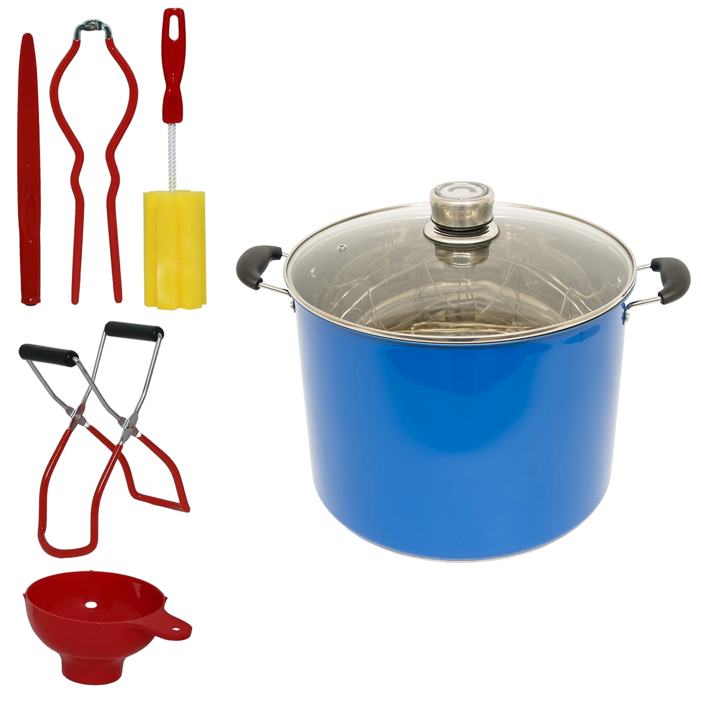 Set featuring handcrafted blue water bath canner with glass lid and five essential red-handled tools including funnel, jar lifter, tongs, and magnetic lid wand for Kitchen & Food, Food Preservation, and Best Sellers collections.