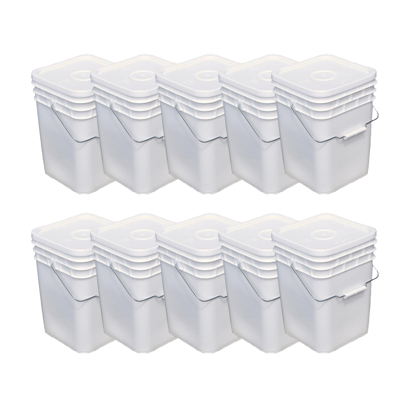 Ten sturdy white plastic buckets with tight-fitting lids and metal handles, ideal for food storage and organization, featured in Kitchen & Food, Storage, USA Made, and Best Sellers collections.