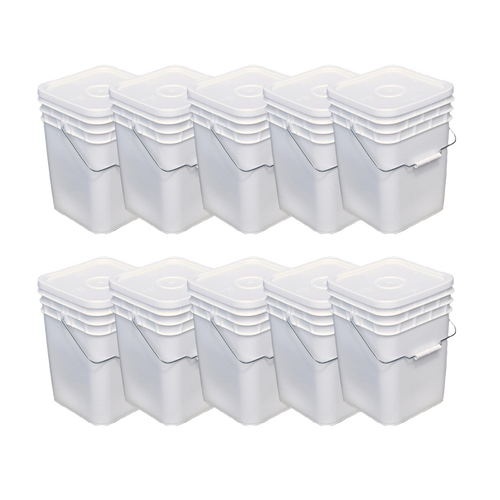 Ten sturdy white plastic buckets with tight-fitting lids and metal handles, ideal for food storage and organization, featured in Kitchen & Food, Storage, USA Made, and Best Sellers collections.