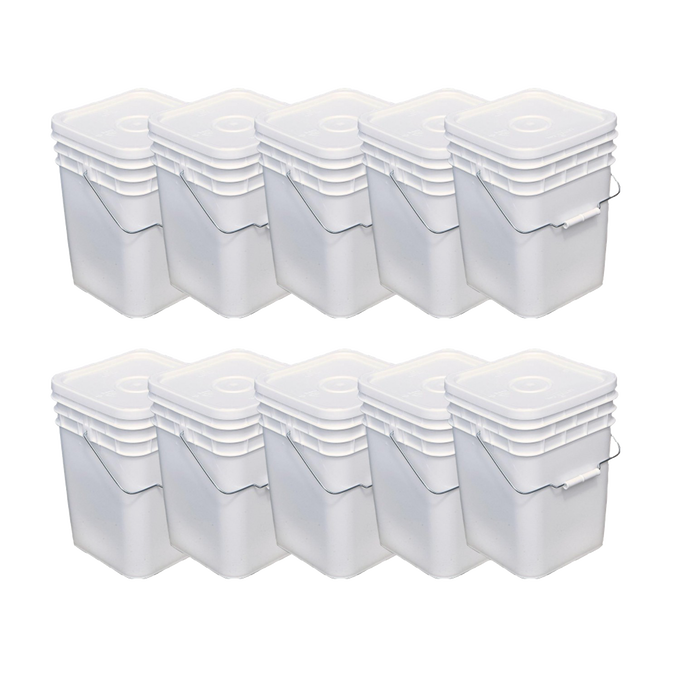 Ten sturdy white plastic buckets with tight-fitting lids and metal handles, ideal for food storage and organization, featured in Kitchen & Food, Storage, USA Made, and Best Sellers collections.