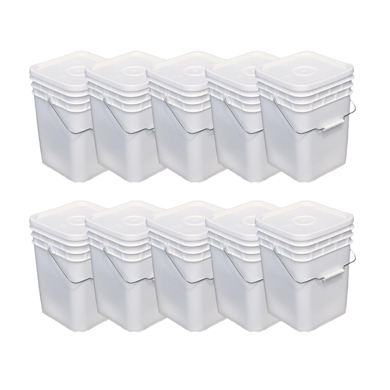 Ten sturdy white plastic buckets with tight-fitting lids and metal handles, ideal for food storage and organization, featured in Kitchen & Food, Storage, USA Made, and Best Sellers collections.