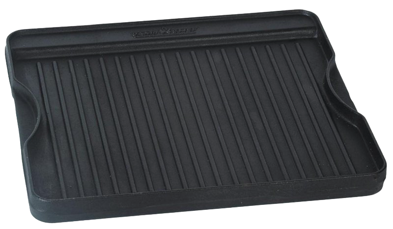 Small handcrafted cast iron grill/griddle with pre-seasoned cooking surface and raised ridges, ideal for use in kitchen, cookware, cast iron, and cooking stove collections.
