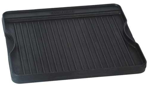 Small handcrafted cast iron grill/griddle with pre-seasoned cooking surface and raised ridges, ideal for use in kitchen, cookware, cast iron, and cooking stove collections.