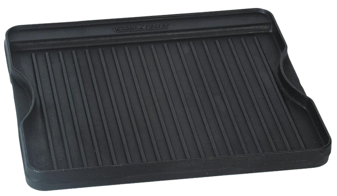 Small handcrafted cast iron grill/griddle with pre-seasoned cooking surface and raised ridges, ideal for use in kitchen, cookware, cast iron, and cooking stove collections.