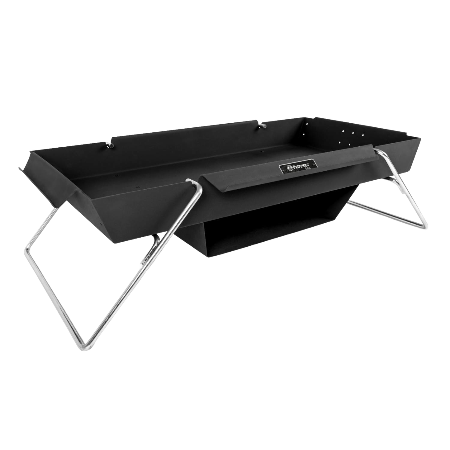 Portable black steel fire bowl with angled legs and attached baking compartment for outdoor cooking, featured in Farm, Garden & Tool, Camping, and Best Sellers collections.