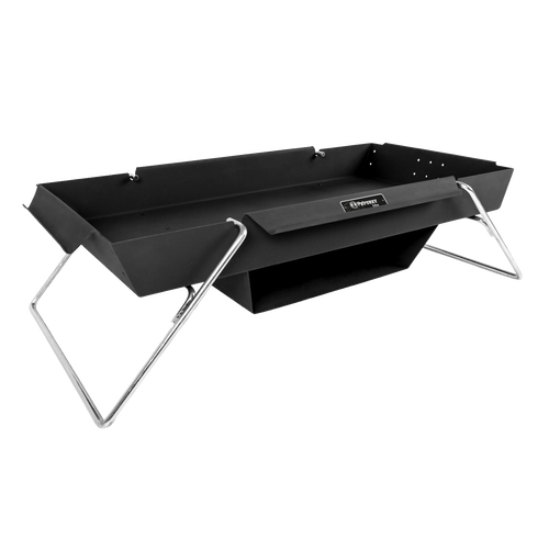 Portable black steel fire bowl with angled legs and attached baking compartment for outdoor cooking, featured in Farm, Garden & Tool, Camping, and Best Sellers collections.