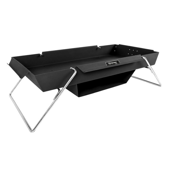 Portable black steel fire bowl with angled legs and attached baking compartment for outdoor cooking, featured in Farm, Garden & Tool, Camping, and Best Sellers collections.