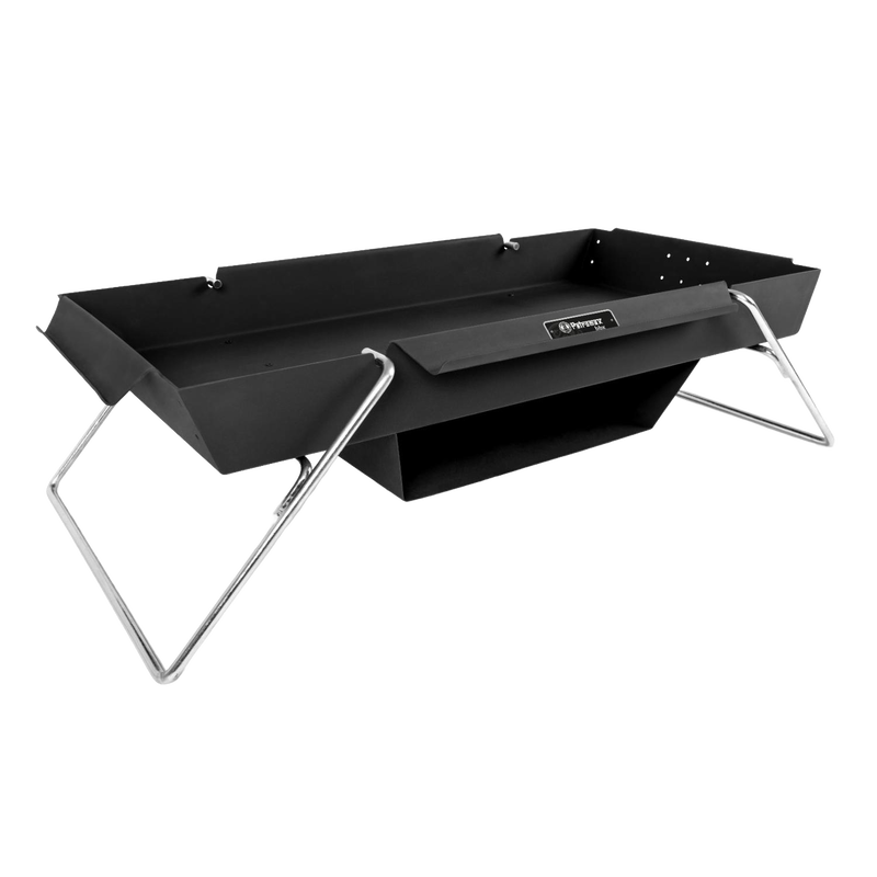 Portable black steel fire bowl with angled legs and attached baking compartment for outdoor cooking, featured in Farm, Garden & Tool, Camping, and Best Sellers collections.