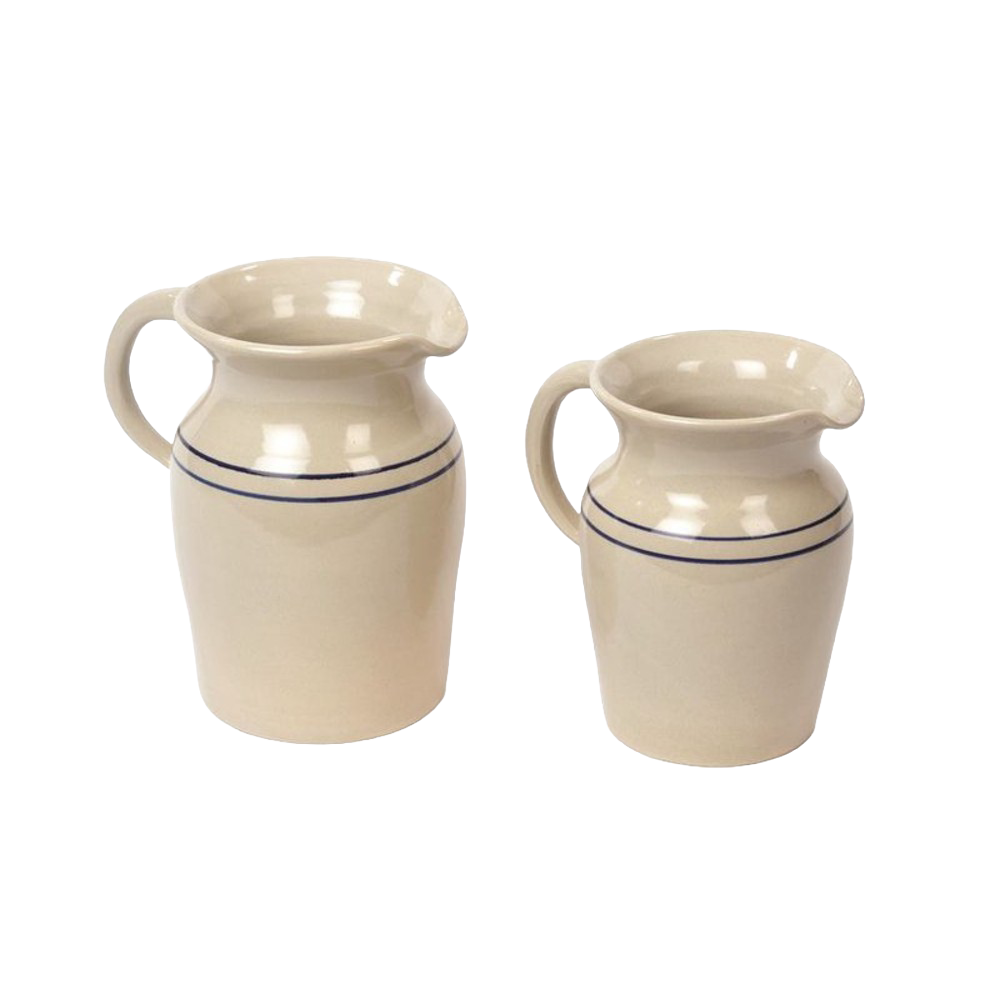 Set of two handcrafted glazed stoneware pitchers in cream with subtle blue stripes, ideal for serving beverages or as decorative vases, featured in Kitchen & Food and USA Made collections.