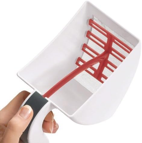 Durable plastic flour sifter with built-in scoop and red mesh sifting mechanism, designed for clump-free baking and ideal for Kitchen & Food, Baking Supplies, and Bread Making collections.