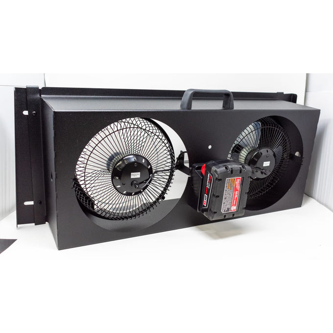 Black battery-powered window fan featuring two 9-inch fans in a metal housing with a handle, designed for efficient airflow in Home & Decor, Farm, Garden & Tool, and Emergency Supplies collections.