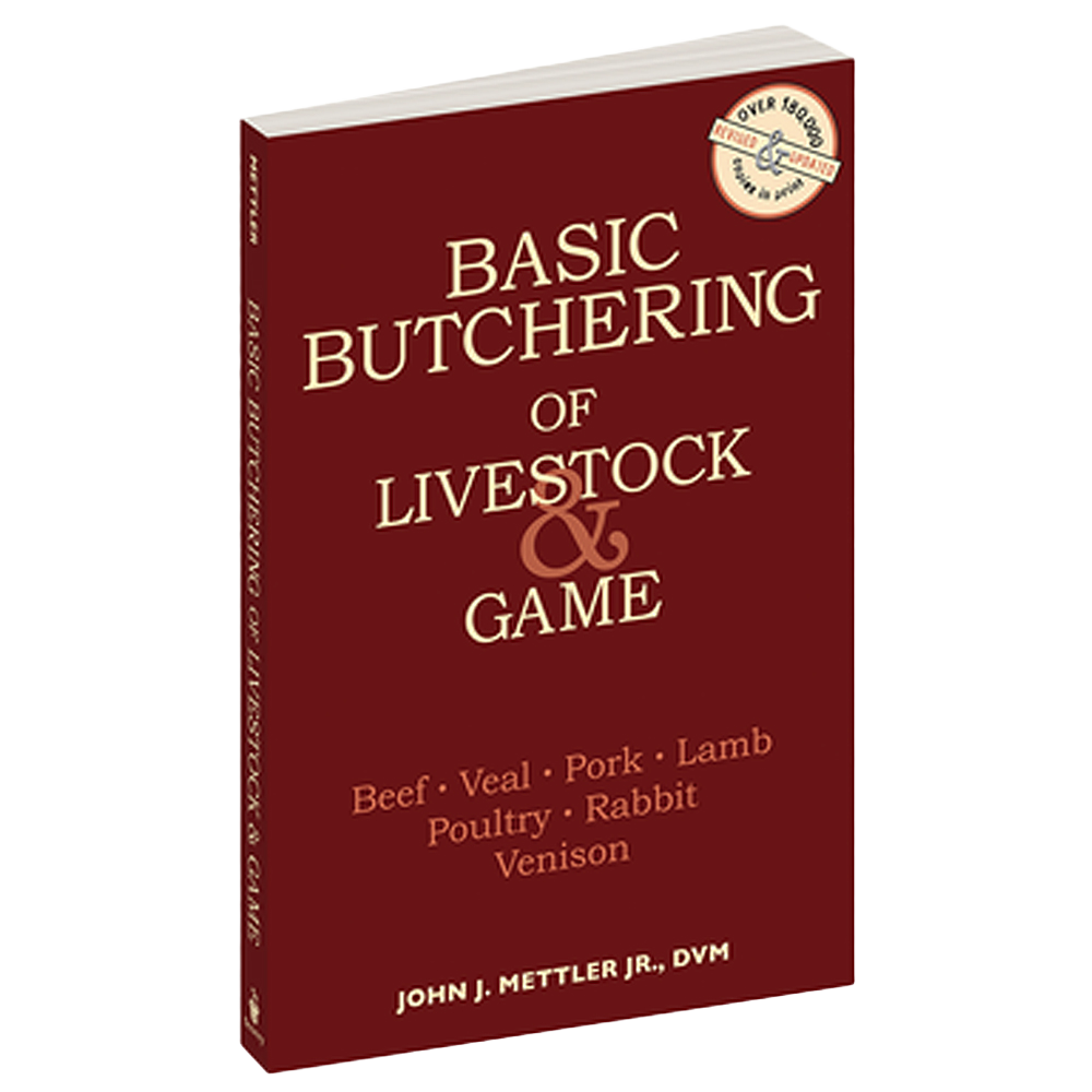 Red cover book titled Basic Butchering of Livestock and Game by John J. Mettler Jr. featuring livestock types including beef, veal, pork, lamb, poultry, rabbit, and venison, in Toys, Books & Games, Farm and Livestock Books, Best Sellers, and Promo Eligible collections.