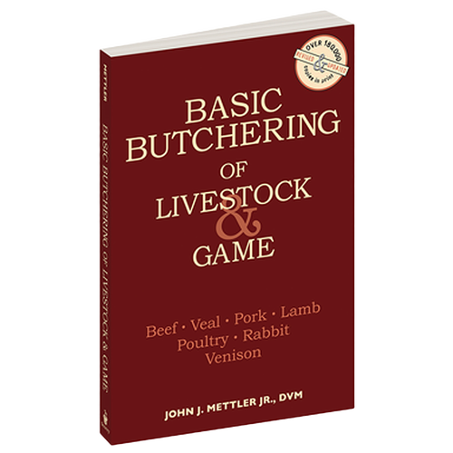 Red cover book titled Basic Butchering of Livestock and Game by John J. Mettler Jr. featuring livestock types including beef, veal, pork, lamb, poultry, rabbit, and venison, in Toys, Books & Games, Farm and Livestock Books, Best Sellers, and Promo Eligible collections.
