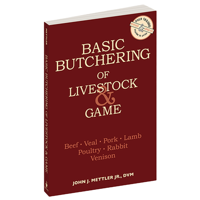 Red cover book titled Basic Butchering of Livestock and Game by John J. Mettler Jr. featuring livestock types including beef, veal, pork, lamb, poultry, rabbit, and venison, in Toys, Books & Games, Farm and Livestock Books, Best Sellers, and Promo Eligible collections.