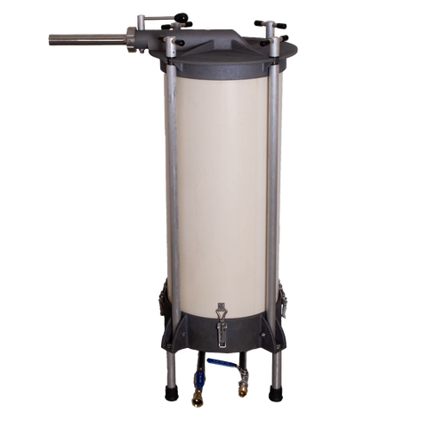 Freestanding high-capacity water-powered sausage stuffer with durable cylindrical chamber and metal frame, handcrafted and Amish made, designed for Kitchen & Food, Specialty Equipment, Butchering Supplies, USA Made, Best Sellers, and Promo Eligible collections.