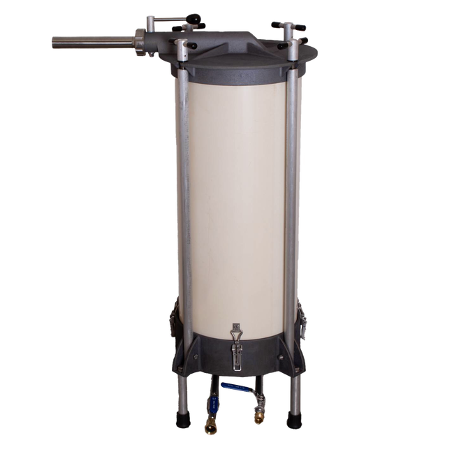 Freestanding high-capacity water-powered sausage stuffer with durable cylindrical chamber and metal frame, handcrafted and Amish made, designed for Kitchen & Food, Specialty Equipment, Butchering Supplies, USA Made, Best Sellers, and Promo Eligible collections.